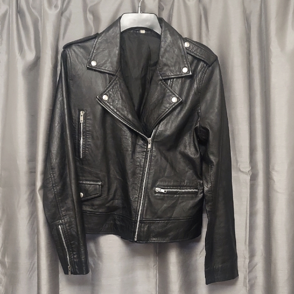 Moto Black Genuine Leather Jacket with Asymmetrical Design and Snap Collar
